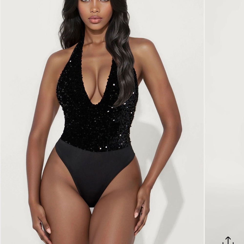 New Black Sequin Halter Bodysuit
